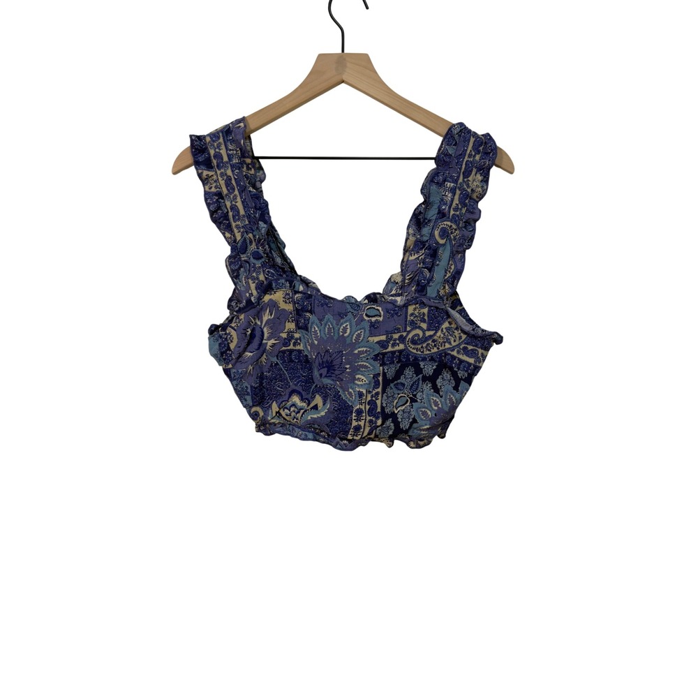 Angie Blue Paisley Floral Ruffle Crop Top Boho Festival Tie Front Smocked Large